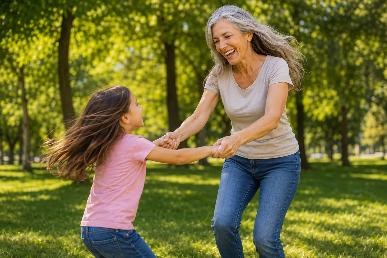 Happy woman with her granddaughter, full of energy